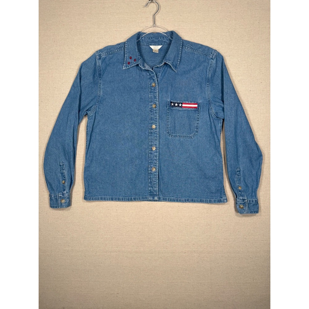 Christopher & Banks Denim Shirt Womens Medium Blue Americana Star Flag Button Up